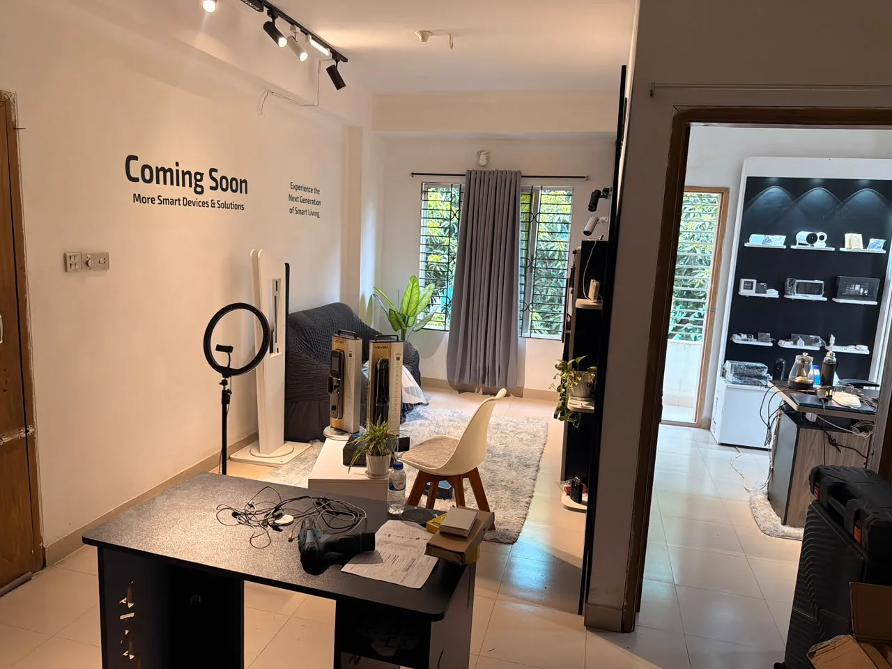 Showroom lounge and Coming Soon smart devices wall at YEYAY Chattogram Experience Center