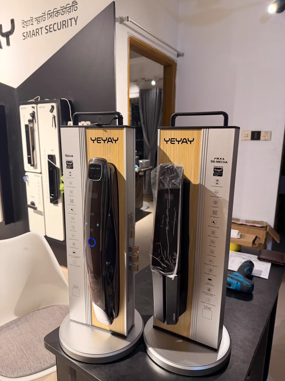 Close-up of Nova and S6-Mecha smart lock demo stands