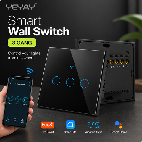 Smart Touch Wall Switch with Tempered Glass Neutral Wire Tuya App via WiFi Alexa and Google Home by YEYAY CIRCA Series