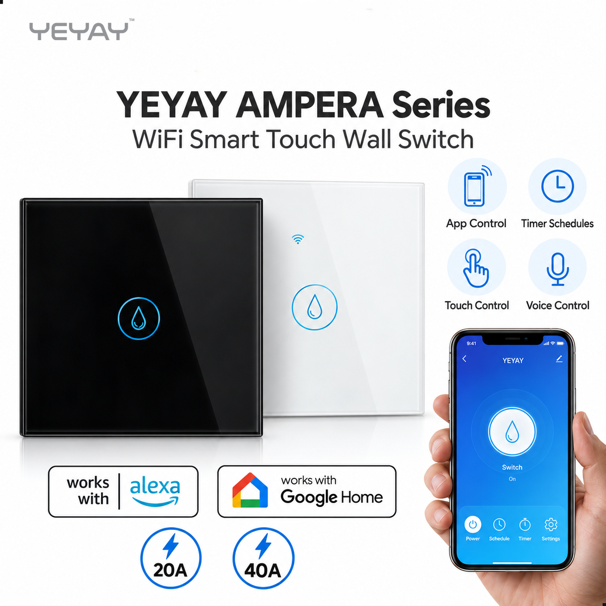 High Power Smart Touch Wall Switch with Tempered Glass, 20A/40A, Black/White, Tuya App via WiFi, Alexa and Google Home by YEYAY AMPERA Series smart door lock, YEYAY