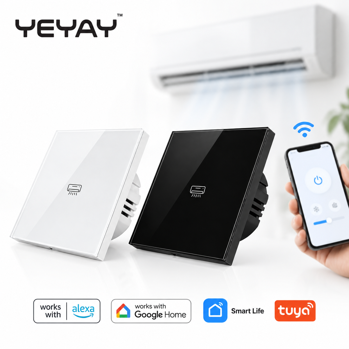 40A Smart Air Conditioner Touch Switch with Glass Panel Timer, White/Black, Tuya App via WiFi, Alexa and Google Home by YEYAY CLIMORA A40 smart door lock, YEYAY