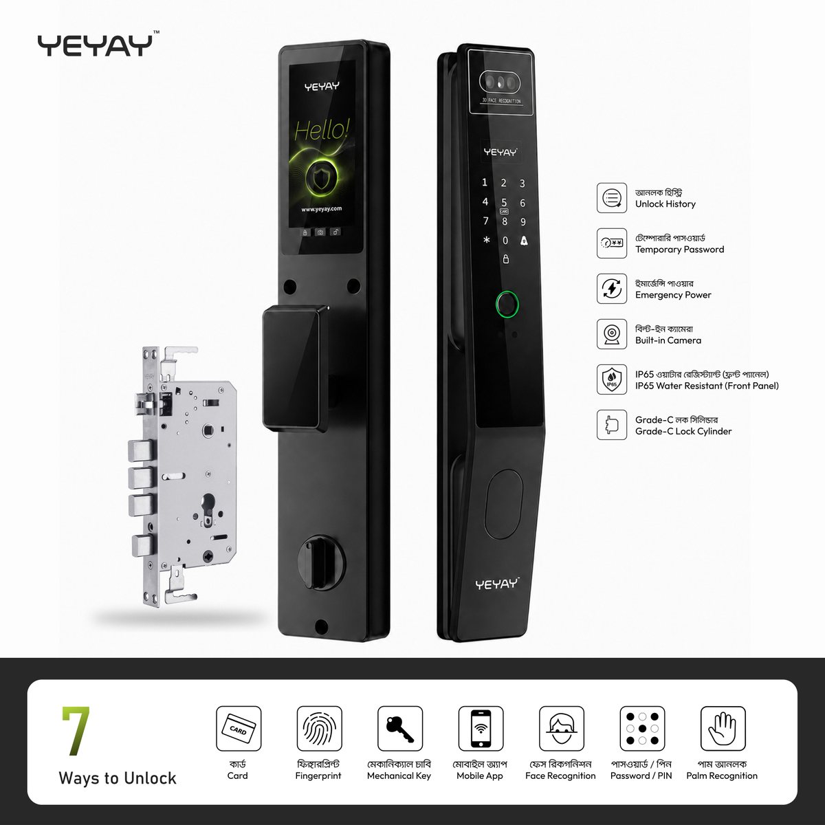 YEYAY LORIX Smart Door Lock – Palm Vein, Face Recognition, Fingerprint, Tuya WiFi, Two-Way Video Call & RFID Card Unlock smart door lock, YEYAY