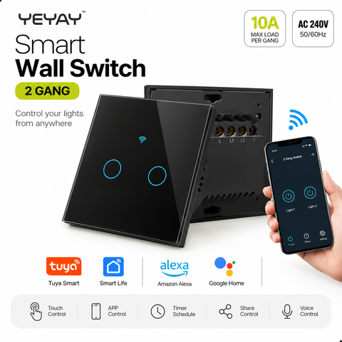 Smart Touch Wall Switch with Tempered Glass Neutral Wire Tuya App via WiFi Alexa and Google Home by YEYAY CIRCA Series