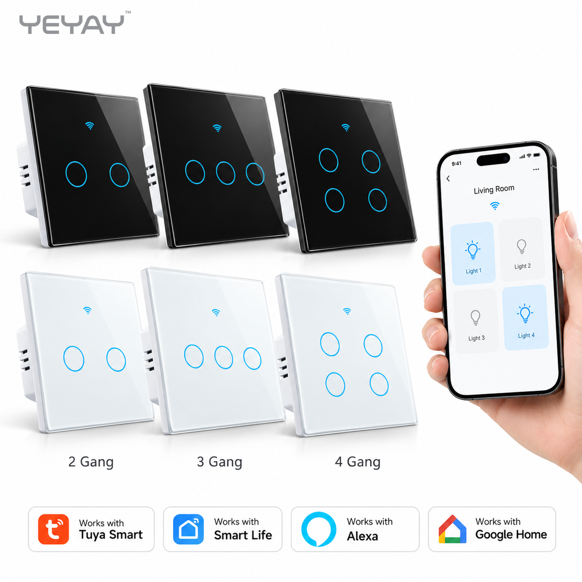 Smart Touch Wall Switch with Tempered Glass Neutral Wire, 2 Gang/3 Gang/4 Gang, Black/White, Tuya App via WiFi, Alexa and Google Home by YEYAY CIRCA Series smart door lock, YEYAY