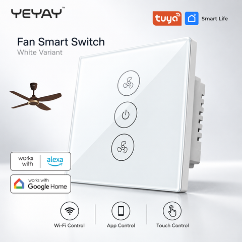 Smart Touch Fan Switch with Toughened Glass Speed Control Timer Tuya App via WiFi Alexa and Google Home by YEYAY FANORA F1