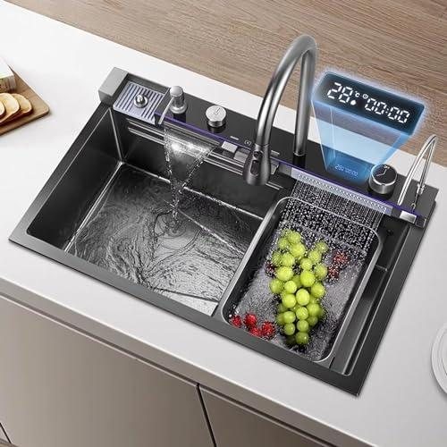 YEYAY AQUORA S68 Premium Multifunctional Kitchen Sink with Digital Water Temperature Display, 304 Stainless Steel, Faucet, Drain Basket, Cutting Board, 68 × 45 × 22 cm, Black smart door lock, YEYAY