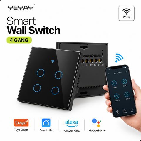 Smart Touch Wall Switch with Tempered Glass Neutral Wire Tuya App via WiFi Alexa and Google Home by YEYAY CIRCA Series