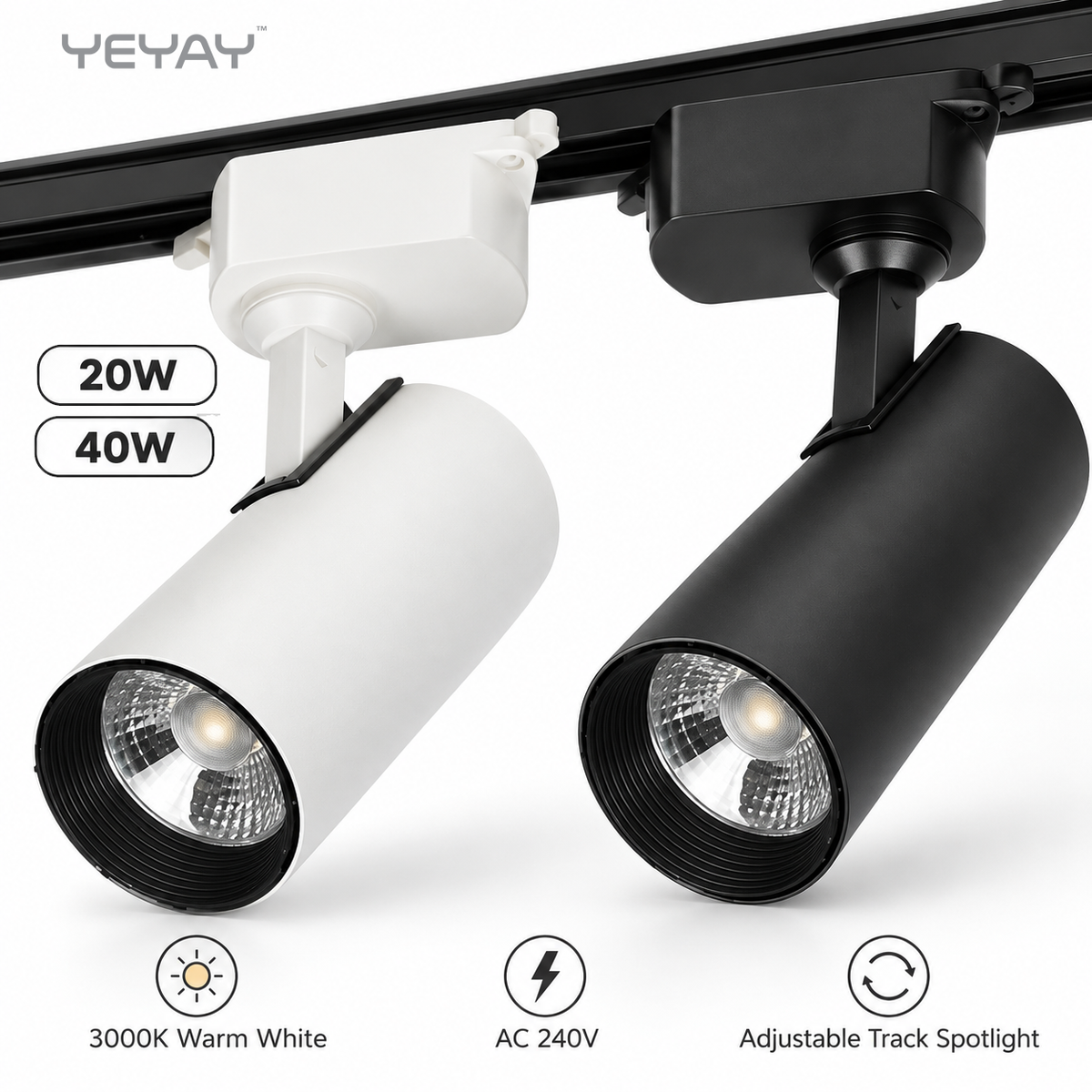 YEYAY LUXORA T Series Adjustable Aluminium LED Track Spotlight – 3000K Warm White, 20W / 40W, White or Black Body smart door lock, YEYAY