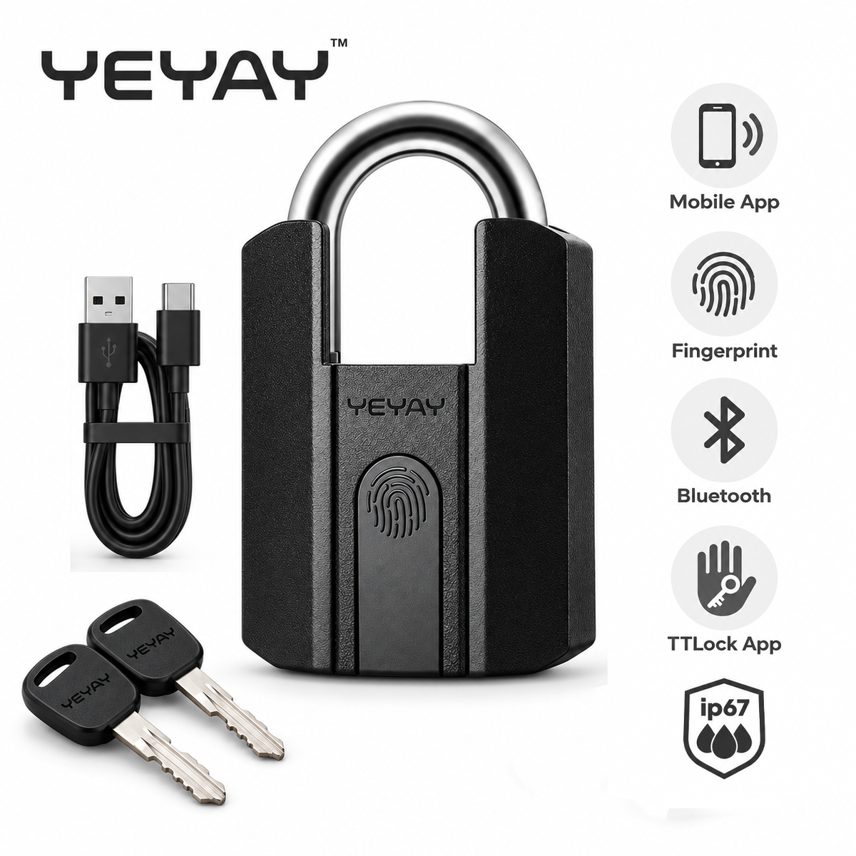 YEYAY BioLock IP67 Waterproof Smart Fingerprint Padlock with Bluetooth App Control, Mechanical Backup Key and USB Rechargeable Battery smart door lock, YEYAY