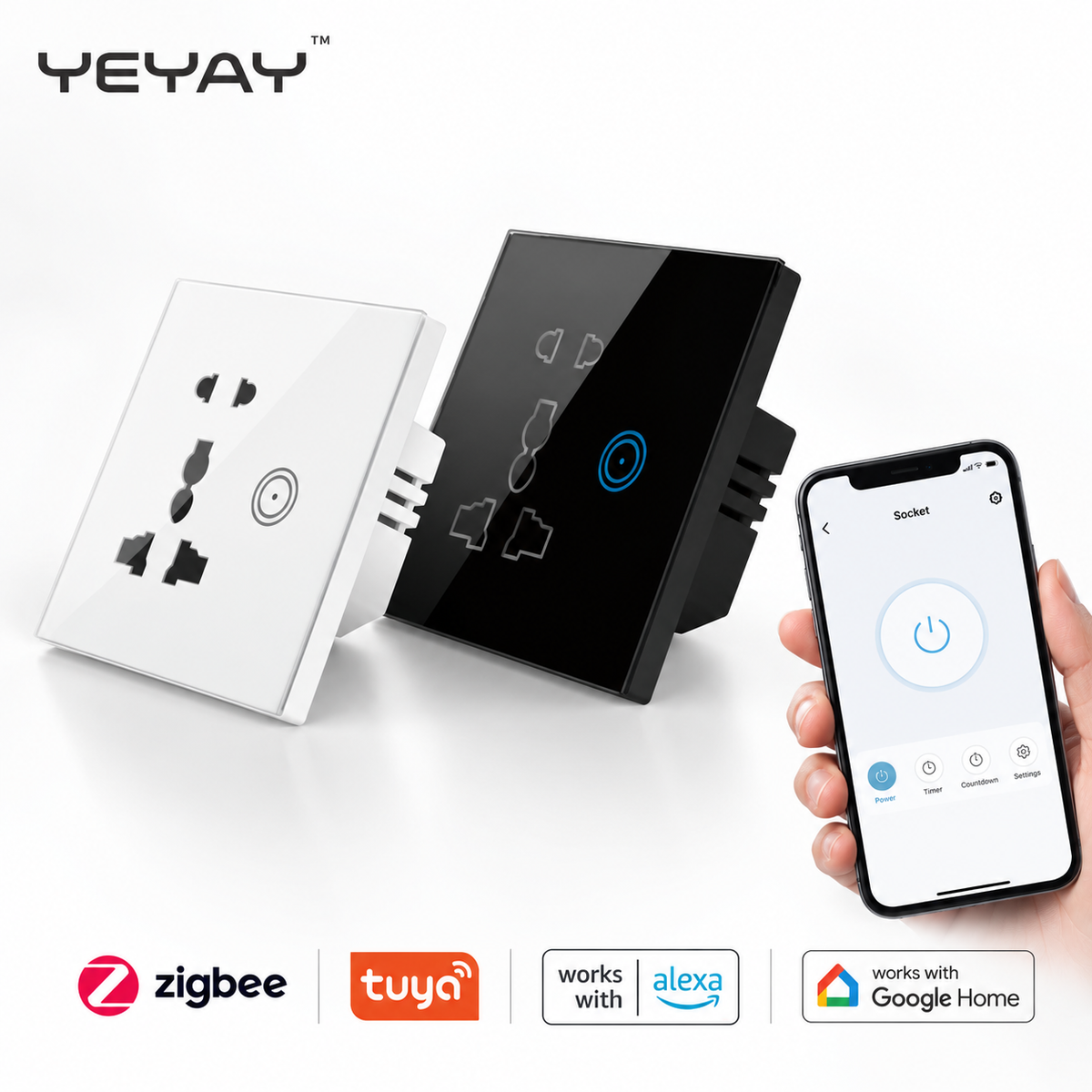 13A Zigbee Smart Universal Wall Socket with Tempered Glass, Black/White, Tuya App via Zigbee Gateway, Alexa and Google Home by YEYAY SOCKRA Z1 smart door lock, YEYAY
