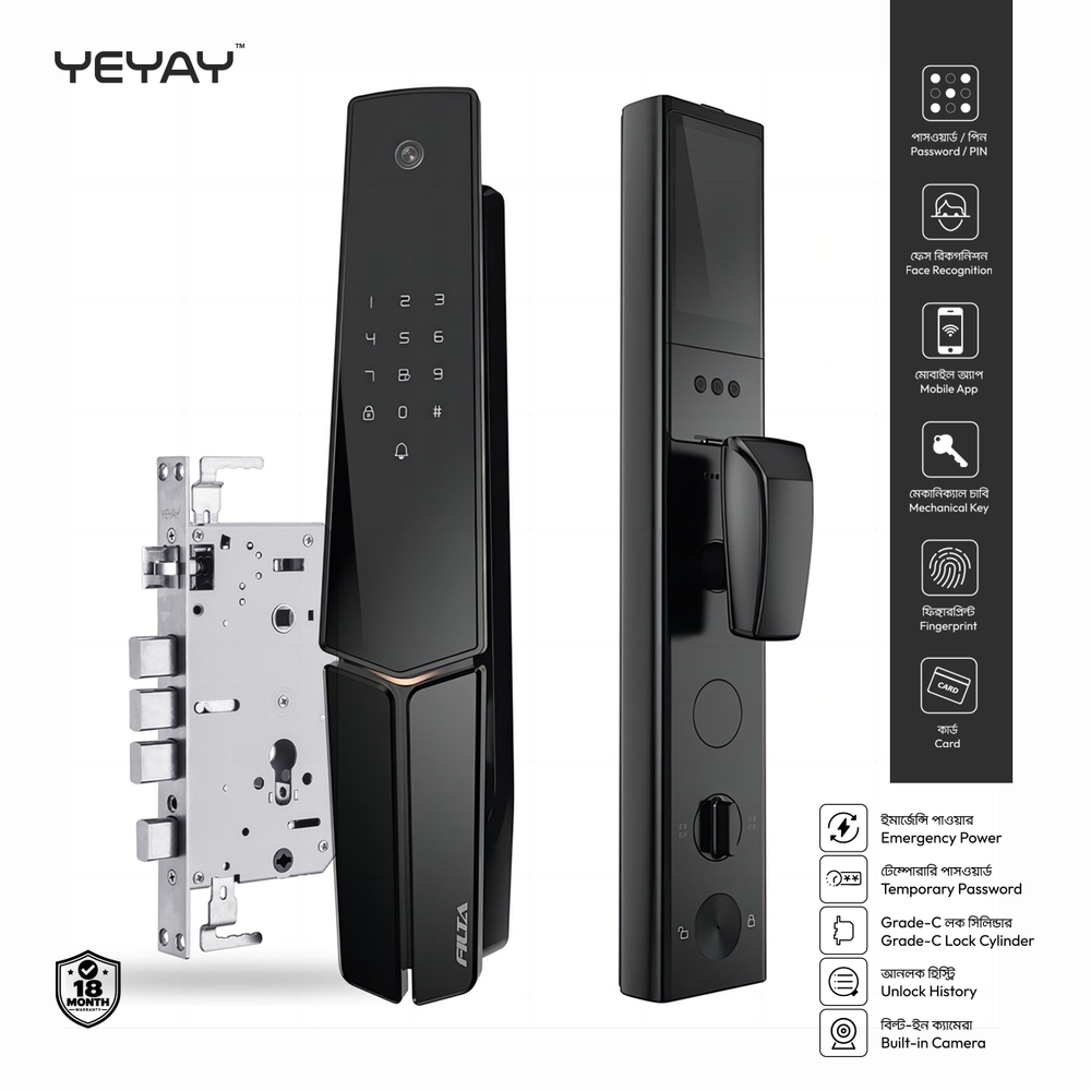 YEYAY MECHA S6 স্মার্ট ডোর লক, জরুরি Type-C পাওয়ার ও Mechanical Key সহ